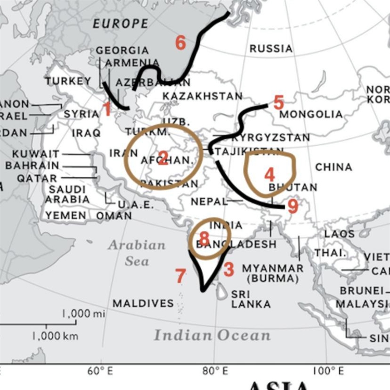 What Asian physical feature is represented by #1? A Tien Shan Mountains B Caucus Mountains-example-1