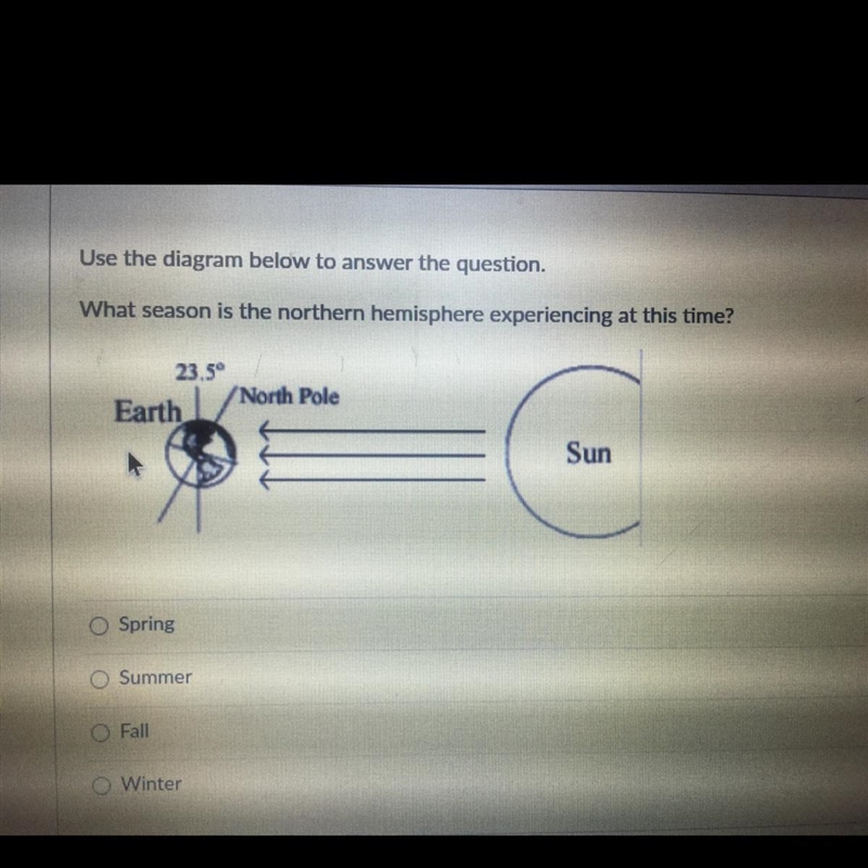 Use the diagram below to answer the question. What season is the northern hemisphere-example-1