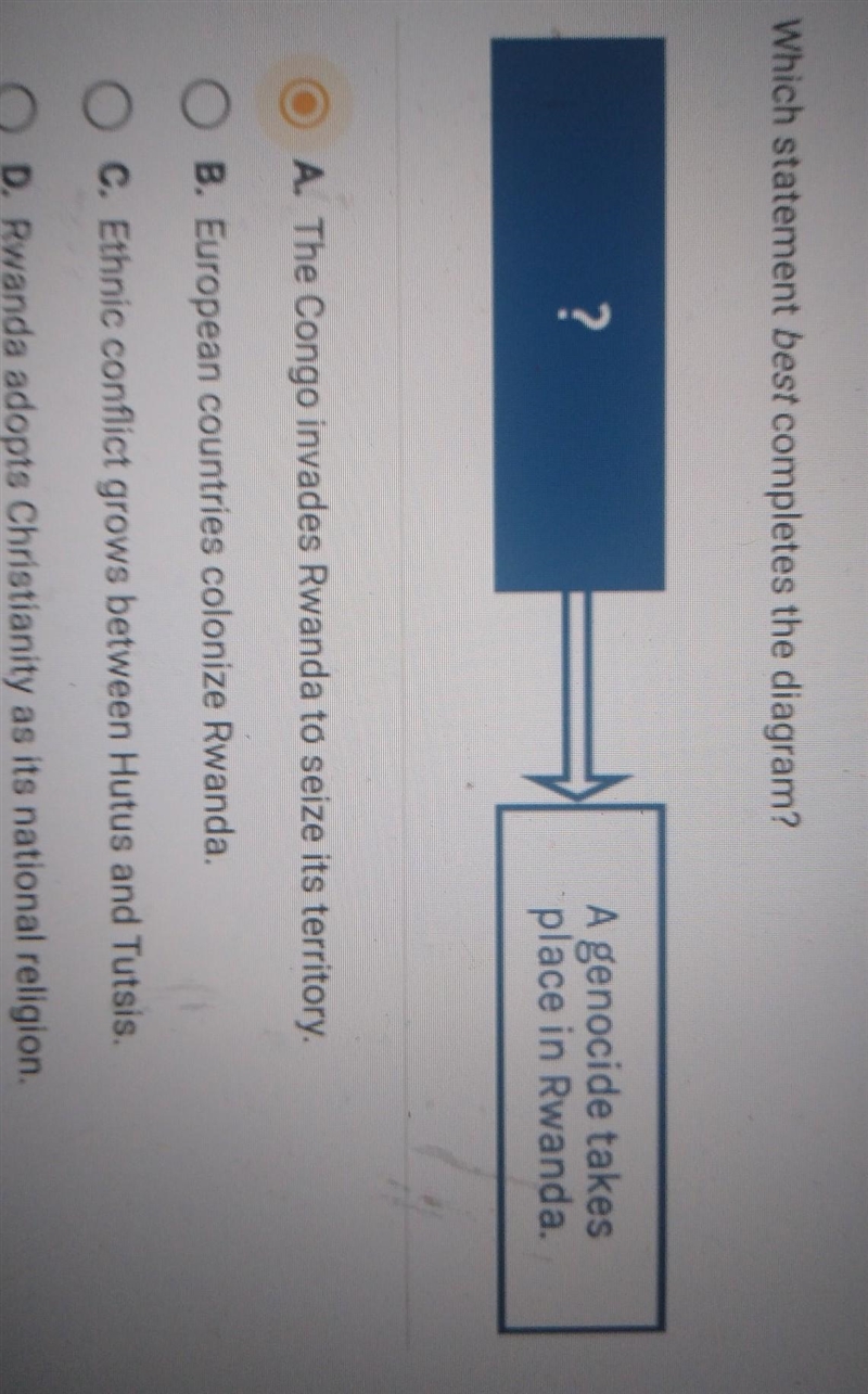 Please help!! .Which statement best completes the diagram? A genocide side takes place-example-1