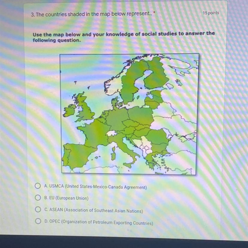 3. The countries shaded in the map below represent. 15 points Use the map below and-example-1