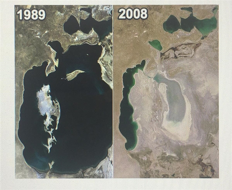 This satellite image shows how much the Aral Sea has shrunk in approximately 30 years-example-1