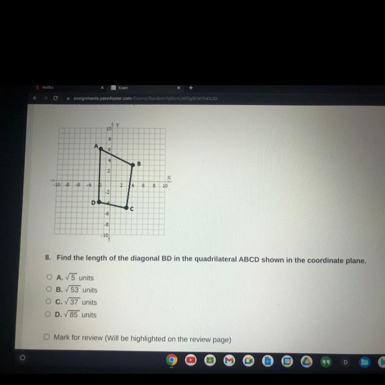 Find the length of the diagonal BD in the quadrilateral ABCD shown in the coordinate-example-1