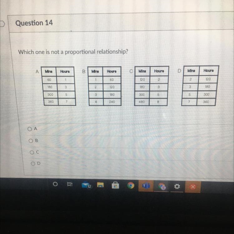 Which one is not a proportional relationship? A Mine Hours B Mine Hours С Mina Hours-example-1