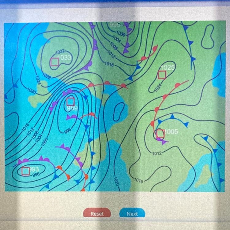 Identify the low pressure areas on the map.-example-1