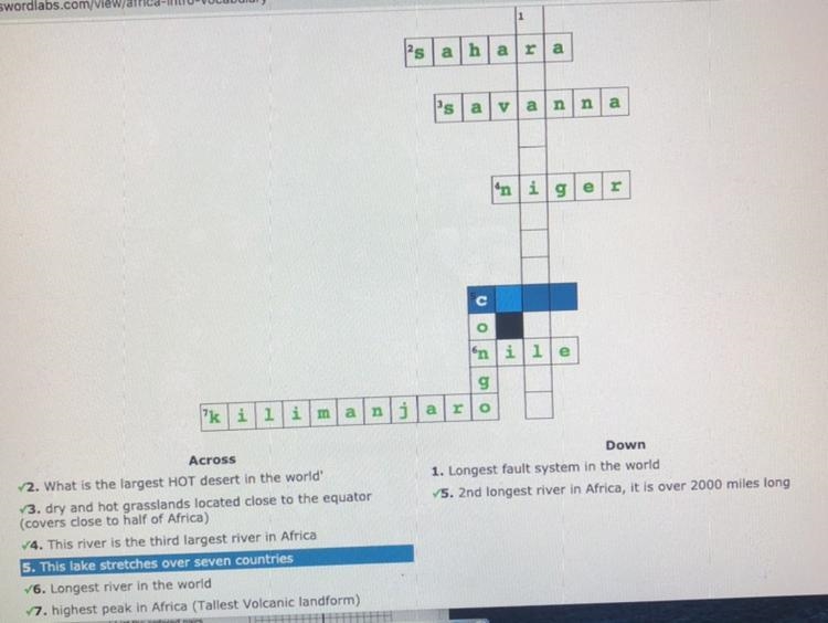 Title: Africa Physical Geography I need help with number 1 Down & 5 Across-example-1