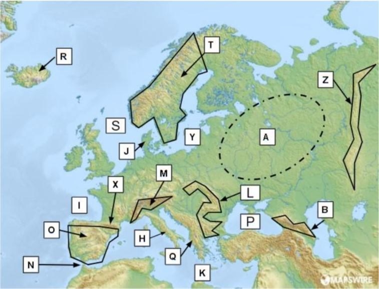 Please use a physical map of Europe online to help you complete the matching-example-1