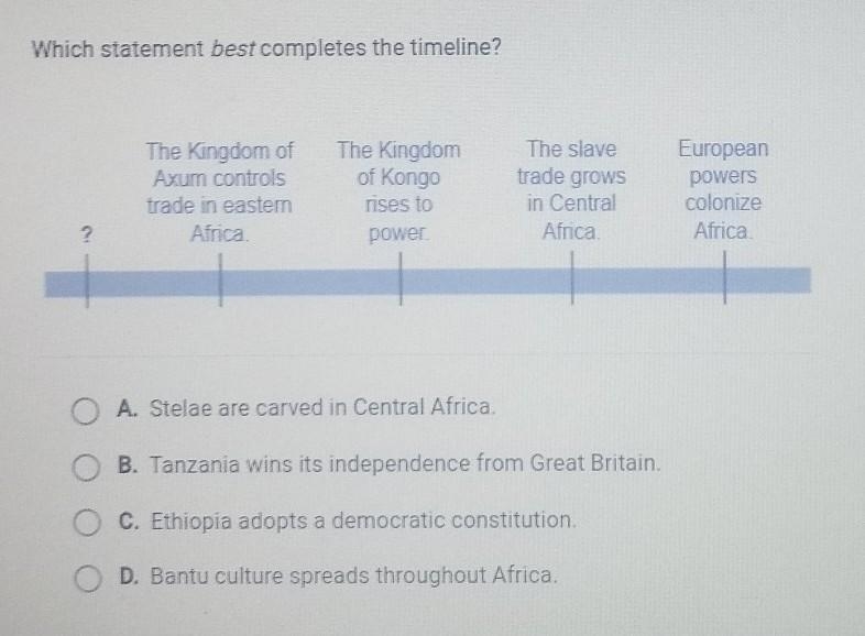 Which statement best completes the timeline? ? The Kingdom of Axum controls trade-example-1