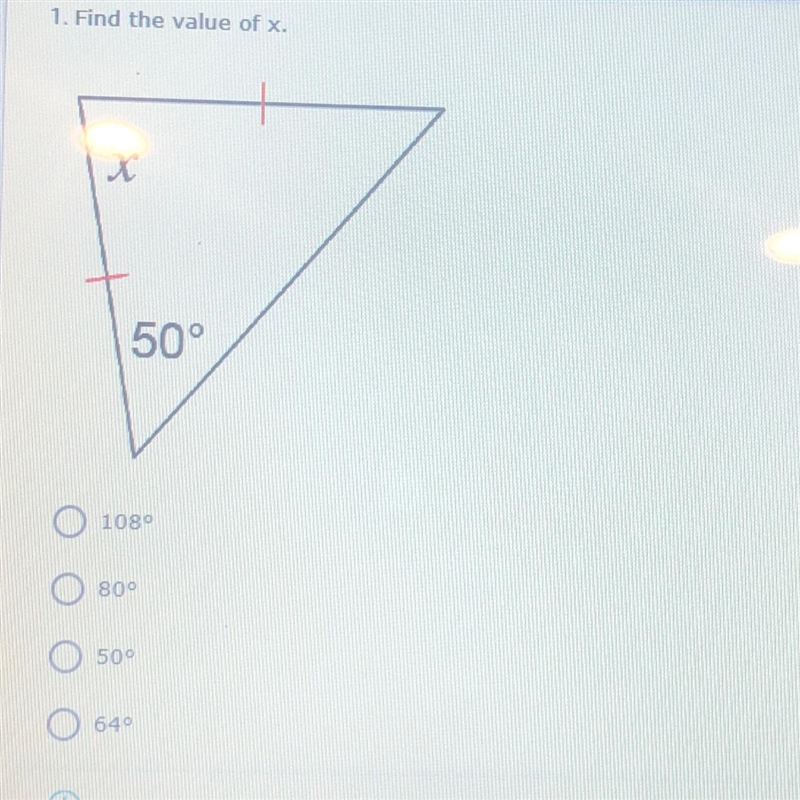 Find the value of x. X 50° 108 80 50 64-example-1