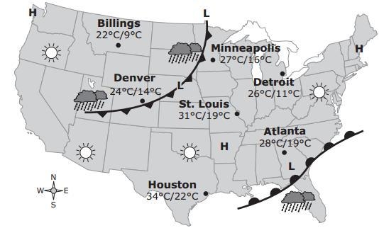 Based on the weather map, which city will most likely experience light rainfall and-example-1