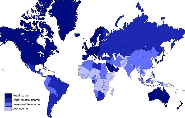 Look at the map. Which answer best describes the income level of Central America? A-example-1