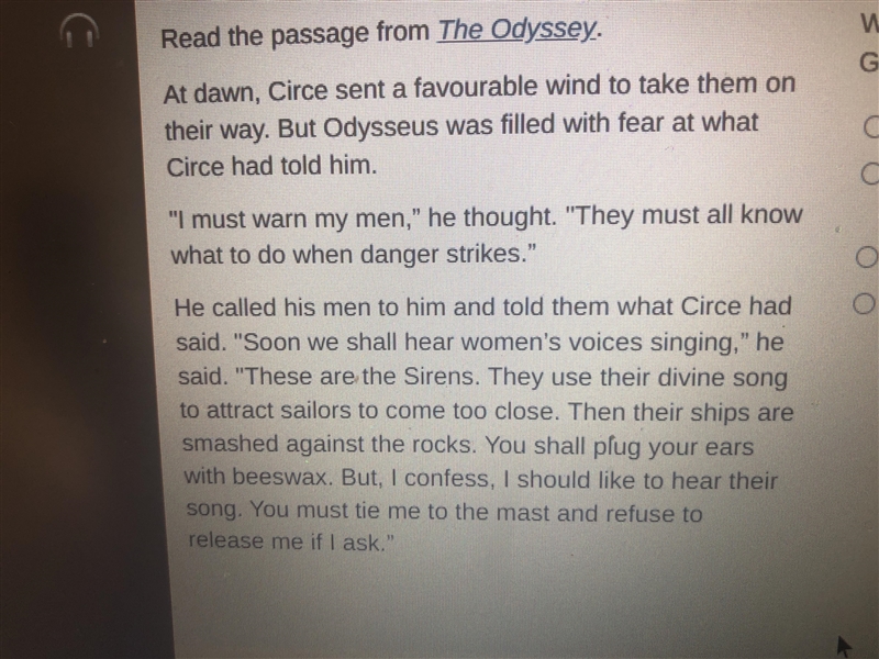 My camera sucks but here read the passage from the odyssey. Which quote from the passage-example-1