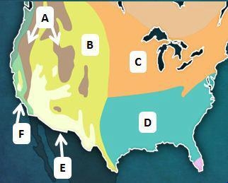 Which climate region is labeled with the letter A on the map above? A. humid subtropical-example-1