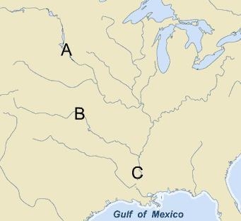 Which letter correctly labels the Mississippi River? A B C-example-1