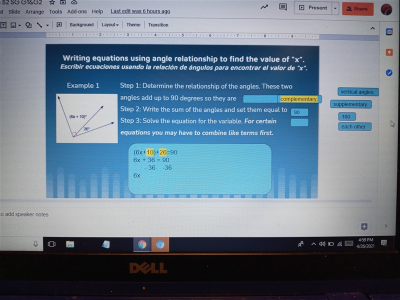 Write equations using angle relationship to find the value of x-example-1