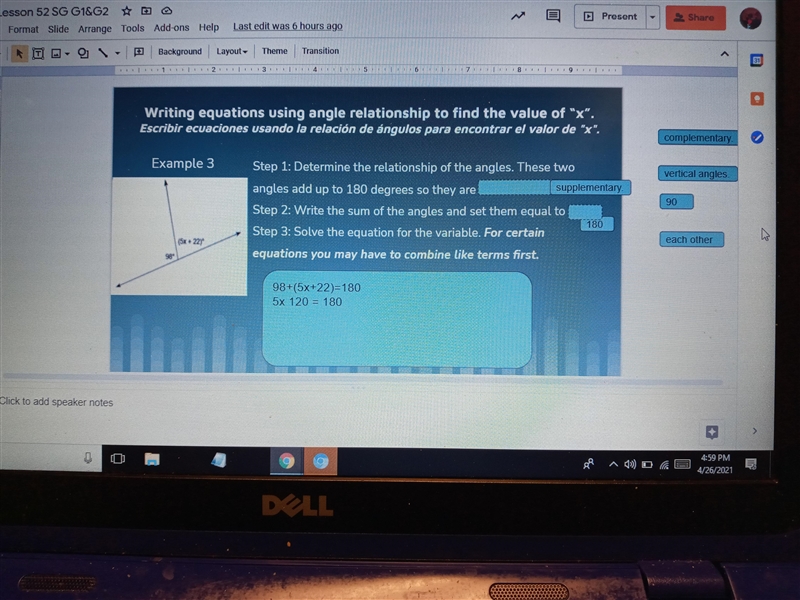 Write equations using angle relationship to find the value of x-example-2