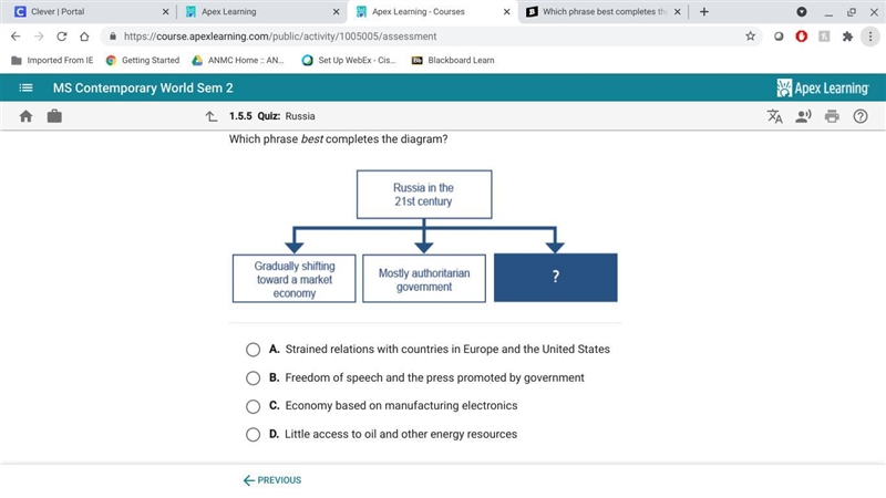 PLZ HELP! Which phrase best completes the diagram? Russia in the 21st century...-example-1