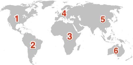 Which continent is pictured on the map as number 1? A). Asia B). Africa C). North-example-1