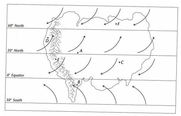 The arrows in the map below show the direction of the prevailing winds... Based on-example-1