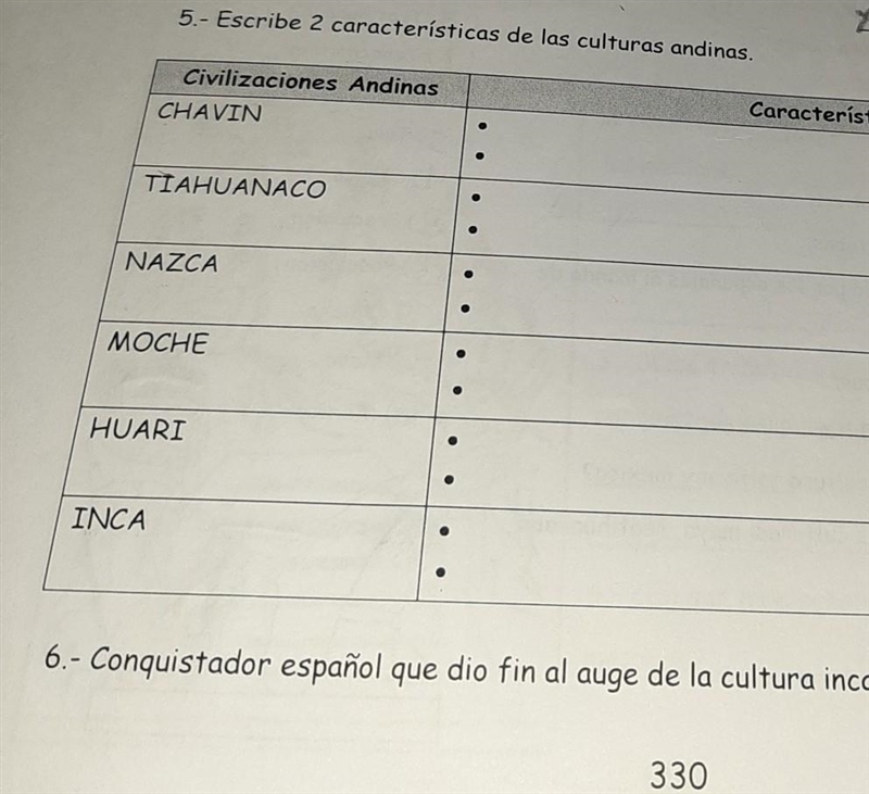 5.- Escribe 2 características de las culturas andinas. Civilizaciones Andinas CHAVIN-example-1