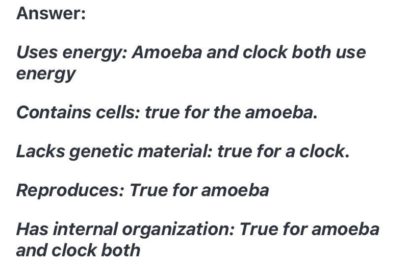 Classify each characteristic according to whether it is true for an amoeba, a clock-example-1