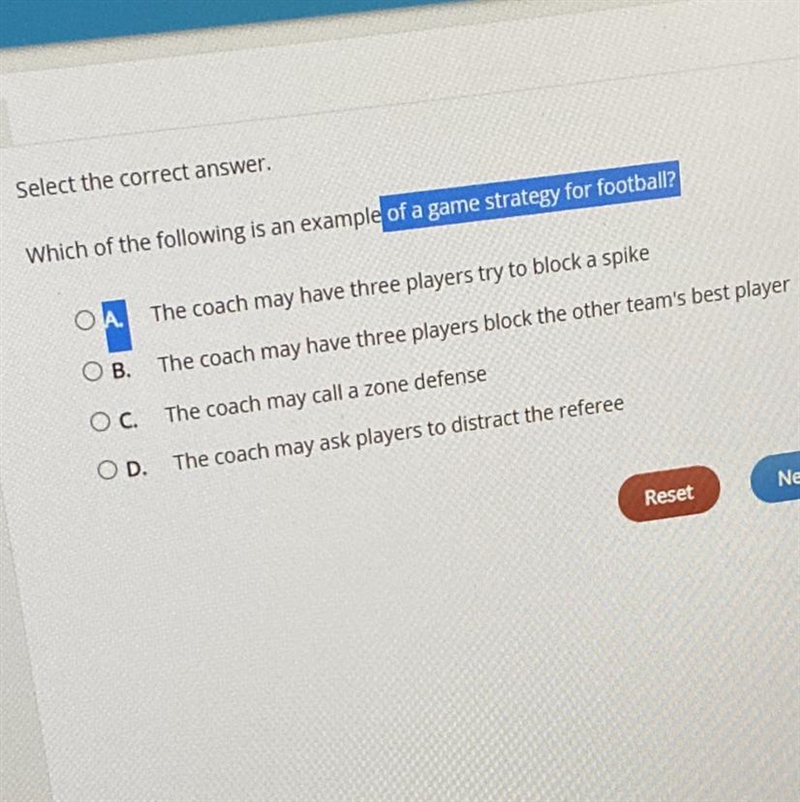 Which of the following is an example of a game strategy for football?-example-1