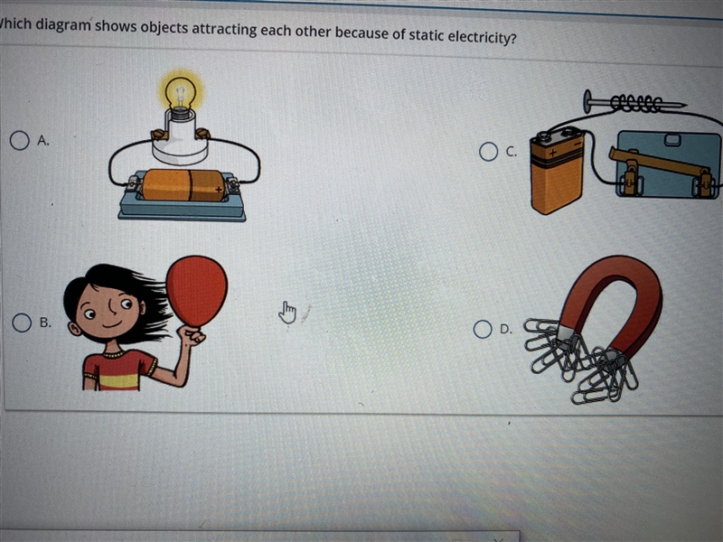 Which diagram shows objects attracting each other because of static electricity-example-1