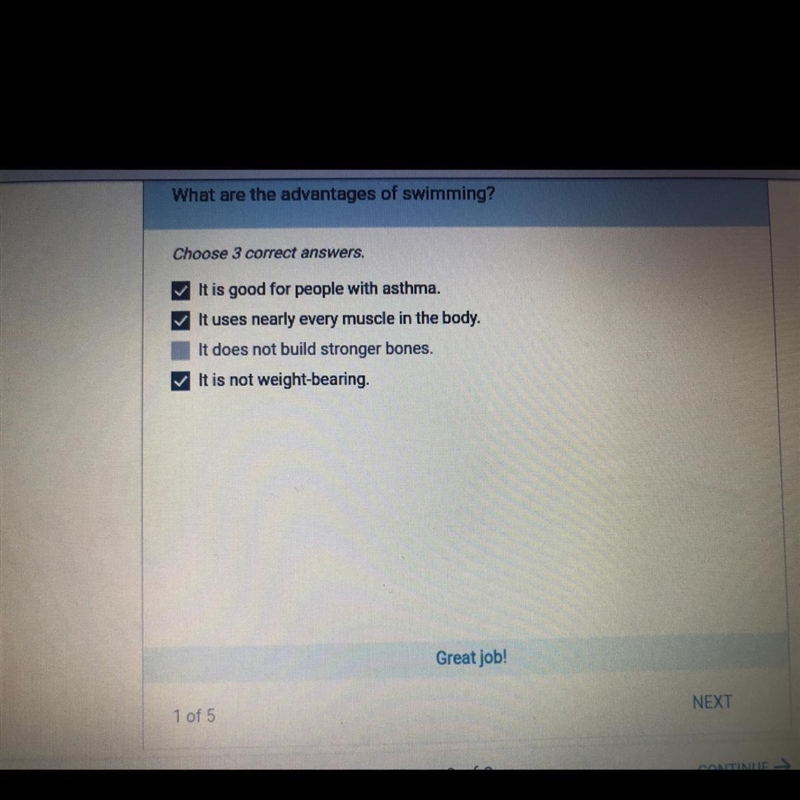 What are the advantages of swimming? Answer: A. It is good for people with asthma-example-1