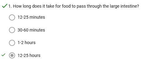 Select the correct answer. How long does it take for food to pass through the large-example-1