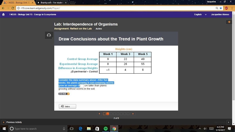 Consider the data summary above. After five weeks, the plants growing in soil containing-example-1