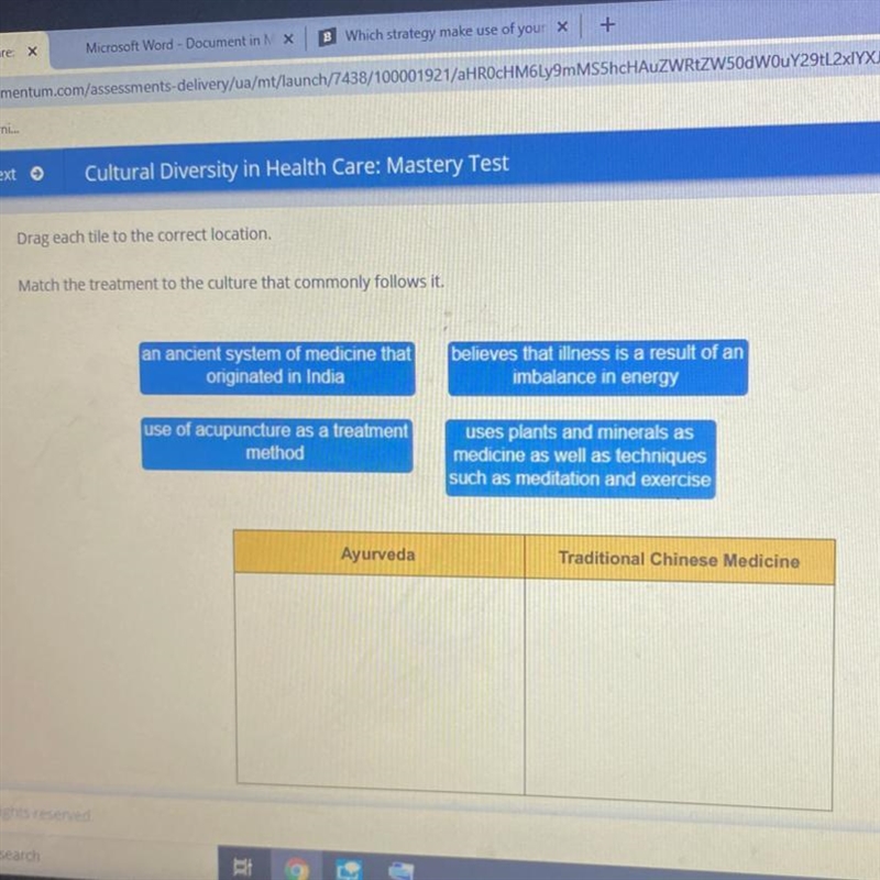 Health Care: Mastery Test Submit Tes Drag each tile to the correct location. Match-example-1