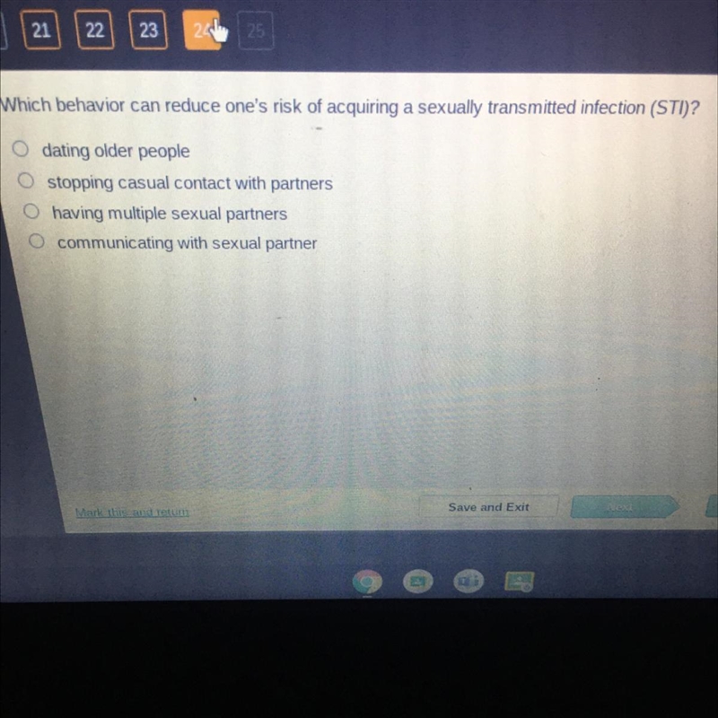 E Which behavior can reduce one's risk of acquiring a sexually transmitted infection-example-1