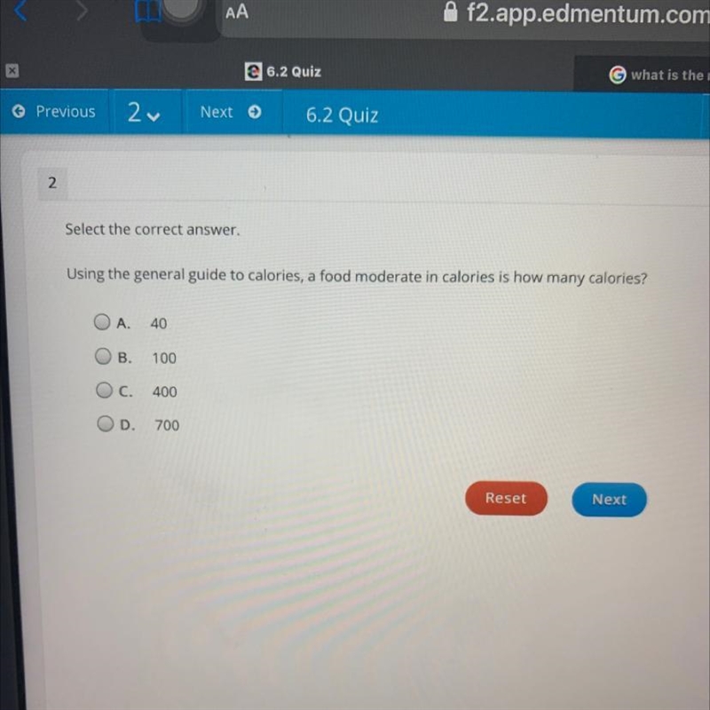 Select the correct answer. Using the general guide to calories, a food moderate in-example-1