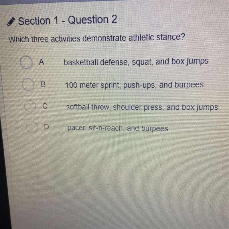 Section 1 - Question 2 Which three activities demonstrate athletic stance? A basketball-example-1