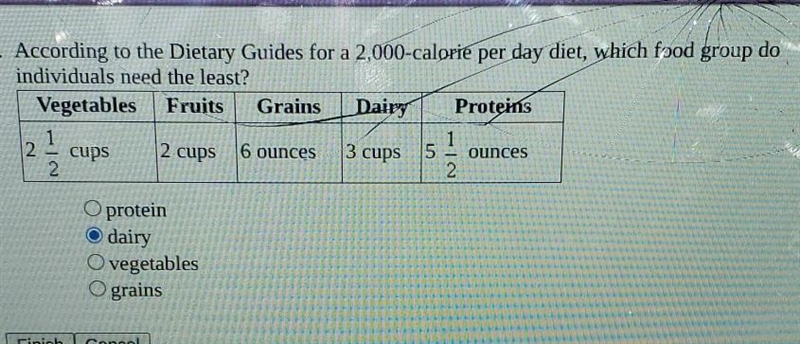 According to the Dietary Guides for a 2,000-calorie per day diet, which food group-example-1