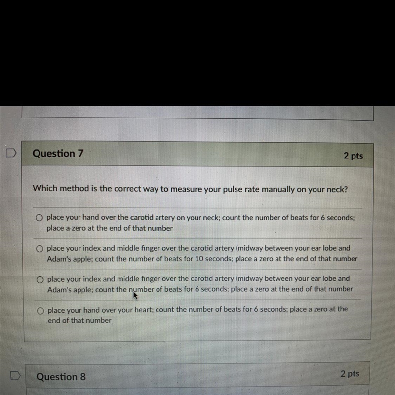 PLEASE HELP!!! Which Method is the correct way to mesure your pulse rate manually-example-1