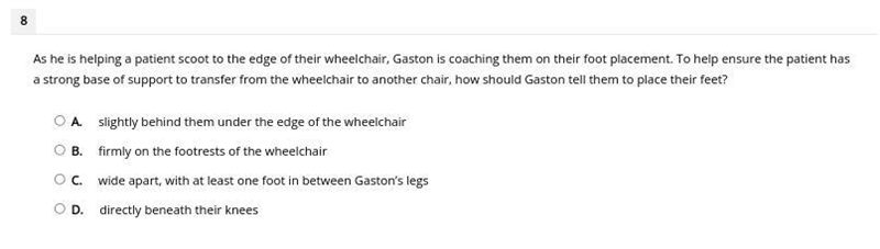 As he is helping a patient scoot to the edge of their wheelchair, Gaston is coaching-example-1