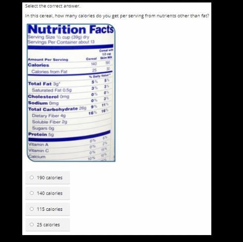 Select the correct answer. In this cereal, how many calories do you get per serving-example-1