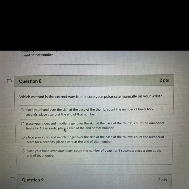 PLEASE HELP!!! Which method is the correct way to check your pulse rate manually on-example-1