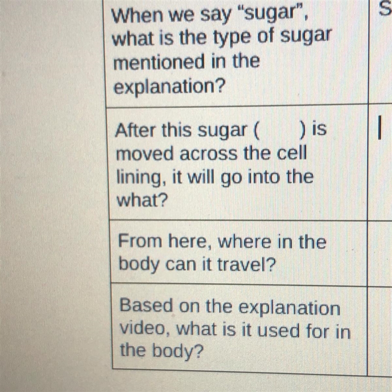 After this sugar ) is moved across the cell lining, it will go into the what?-example-1