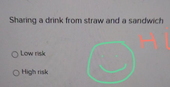 Sharing a drink from straw and a sandwich O Low risk O High risk​-example-1