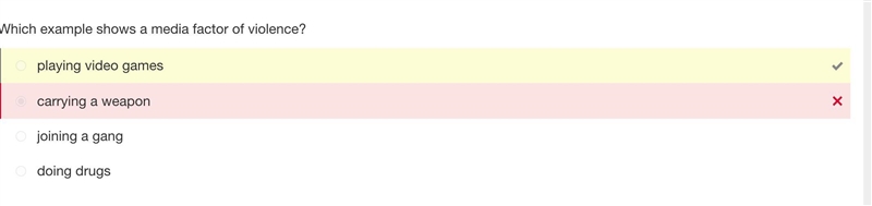 Which example shows a media factor of violence? A- joining a gang B- playing video-example-1