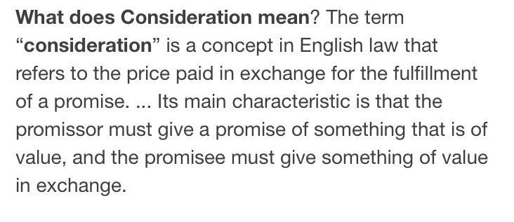 In a contract, what is consideration? A. Exchanging things of value B. Breaching the-example-1