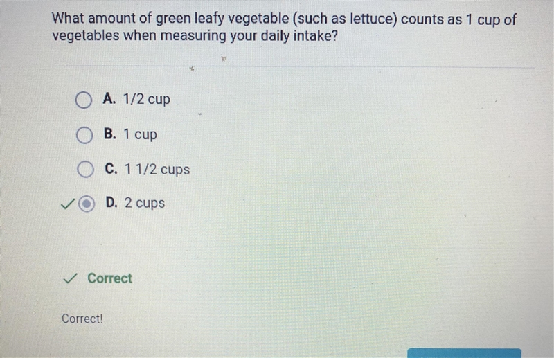 What amount of green leafy vegetable (such as lettuce) counts as 1 cup of vegetables-example-1