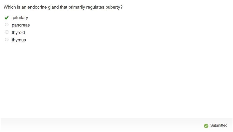 Which is an endocrine gland that primarily regulates puberty? pituitary pancreas thyroid-example-1