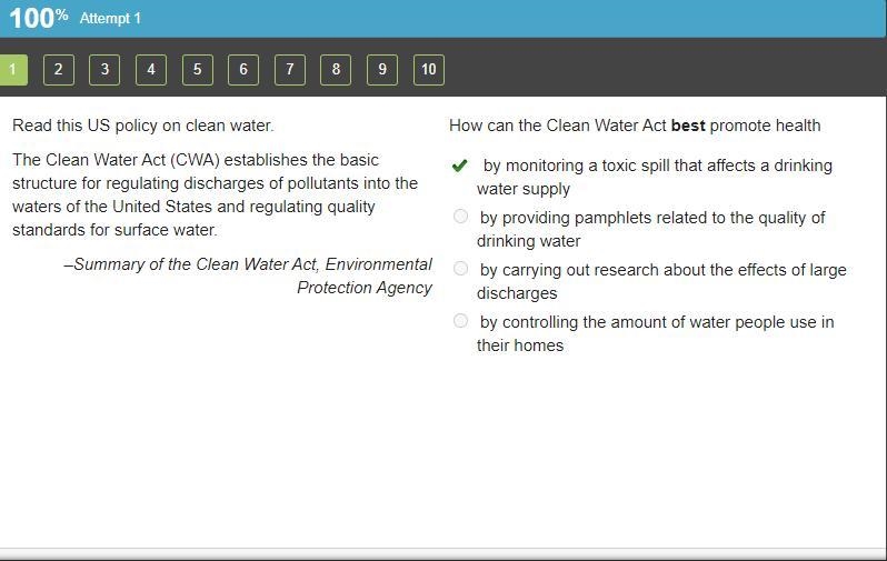 How can the Clean Water Act best promote health by monitoring a toxic spill that affects-example-1