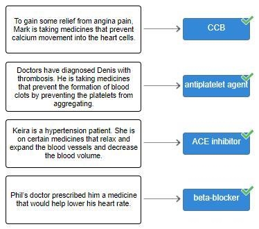 Match the drugs to the appropriate medical condition. ACE inhibitor beta-blocker antiplatelet-example-1