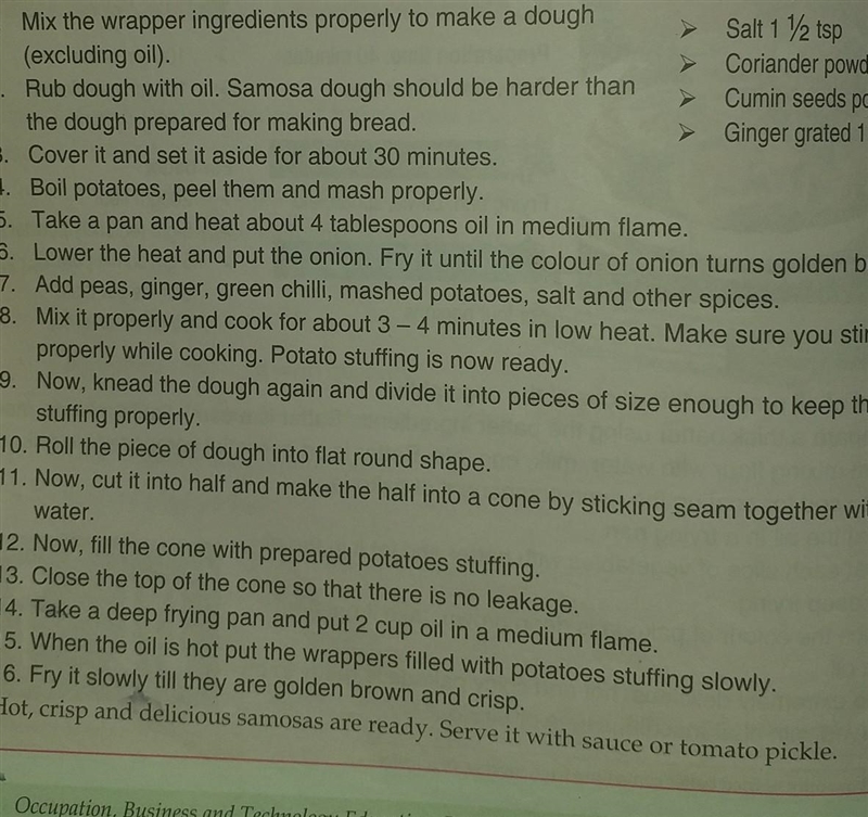 Make a list and procedure of the required materials to prepare the samosa.​-example-1