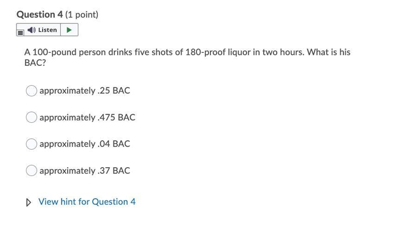 A 100lb person drinks five shots of 180-proof liquor in two hours. What is his BAC-example-1