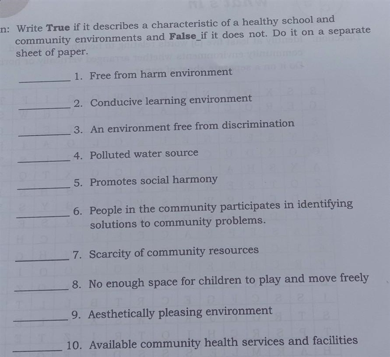 write true if it describes a characteristics of a healthy school and community environment-example-1