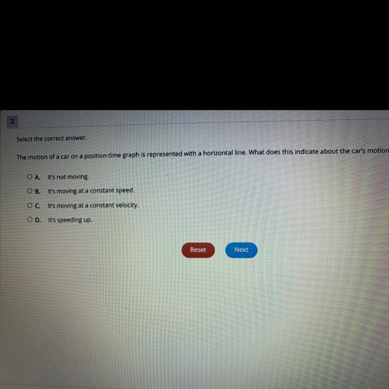 Select the correct answer. The motion of a car on a position-time graph is represented-example-1